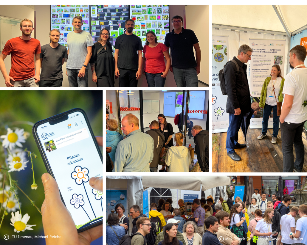 collage of pictures taken at both events. They show our team on site, visitors on the booths, and plant identification with the Flora Incognita app.